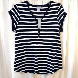Women's NWT Chico's Navy Blue & White Striped Short Sleeve V-Neck Top Size 1 (M)